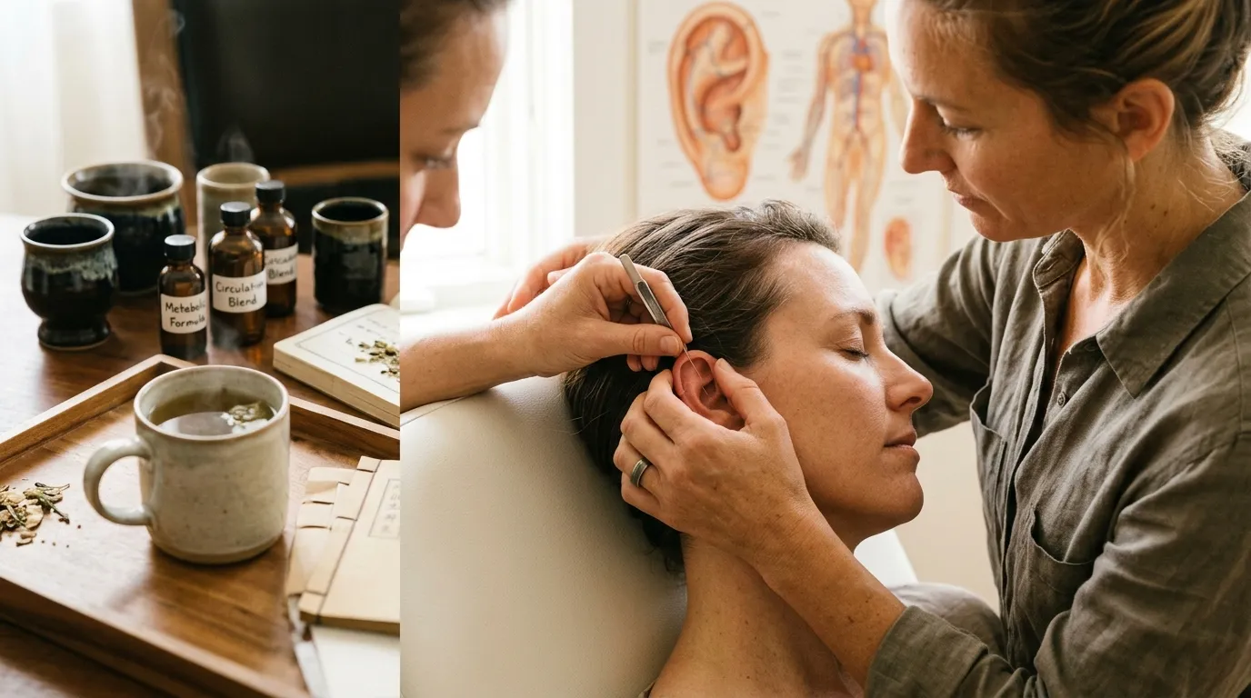 Terapeuta aplicando auriculoterapia para el metabolismo y salud cardiovascular en entorno clínico